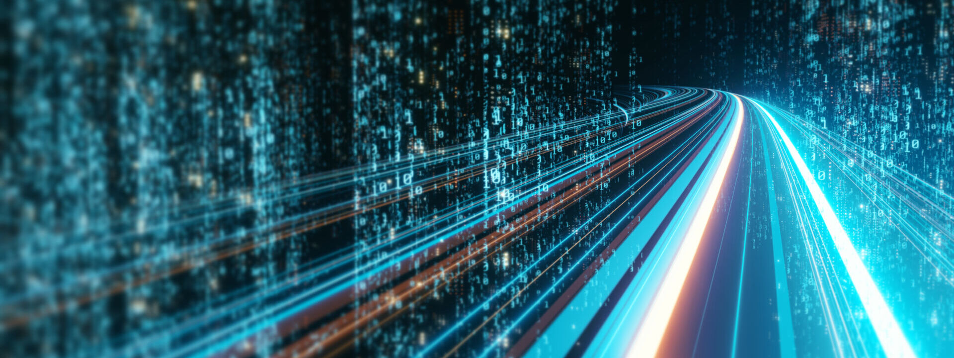 3d rendering of abstract highway path through digital binary towers in city scaled e1623087012195